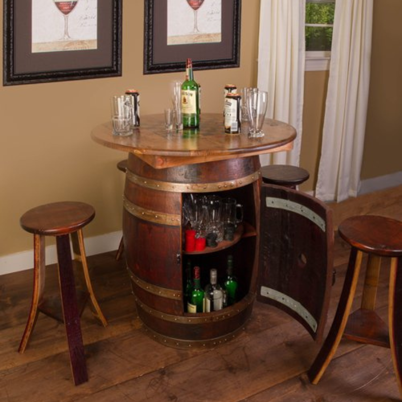 Napa East Barrel Game Table Set - Made with Real Wine Barrel - 4 Stool and Table Set