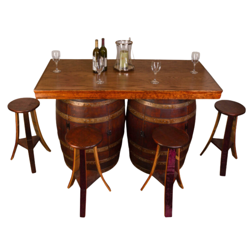 Napa East Wine Barrel Bar & Island Set - Wine Rack & Cabinet Base - 4 Stools Included