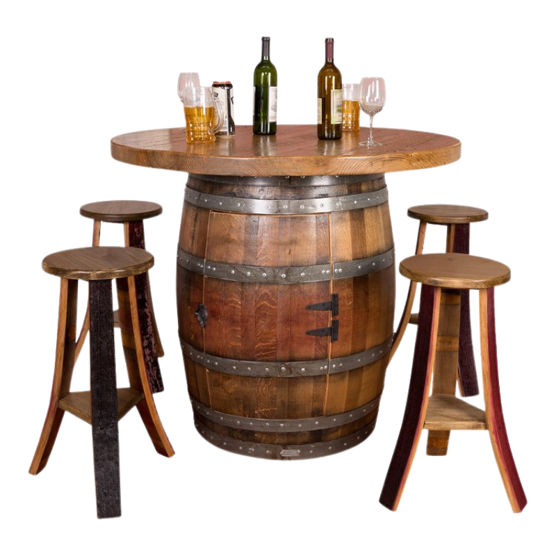 Napa East Wine Barrel Round Table Set - Cabinet Base - Made with Real Wine Barrel - 4 Stools and Table Set