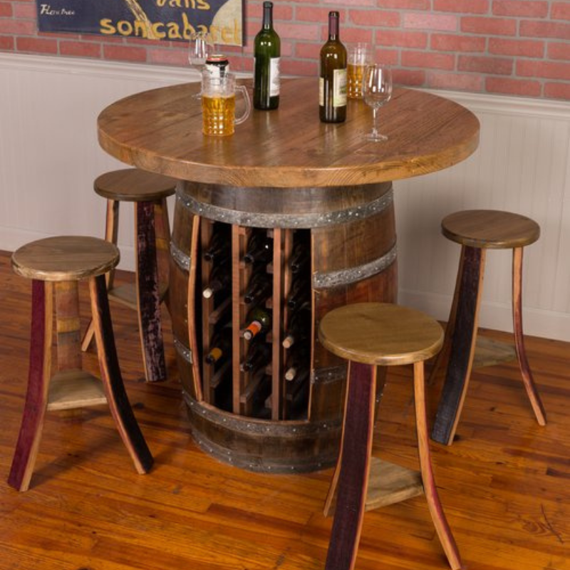 Napa East Wine Barrel Round Table Set - Wine Rack Base - Made with Real Wine Barrel