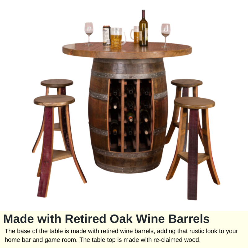 Napa East Wine Barrel Round Table Set - Wine Rack Base - Made with Real Wine Barrel