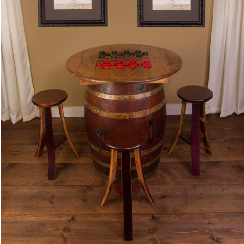 Napa East Barrel Game Table Set - Made with Real Wine Barrel - 4 Stool and Table Set