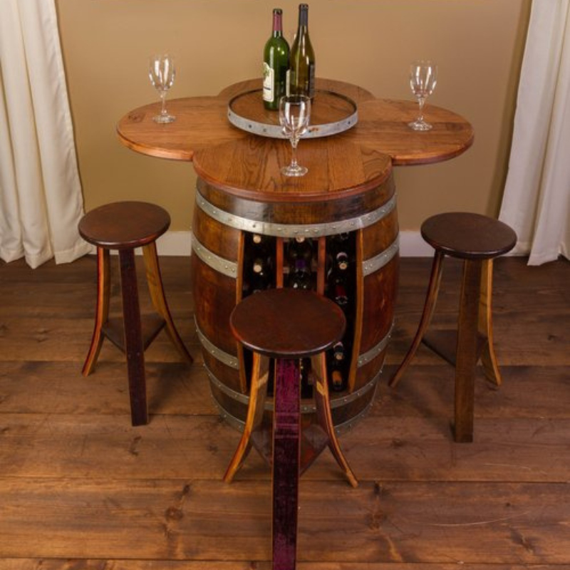 Napa East Barrel Table Set - Wine Rack Base - Made with Real Wine Barrel - 4 Stools & Table Set