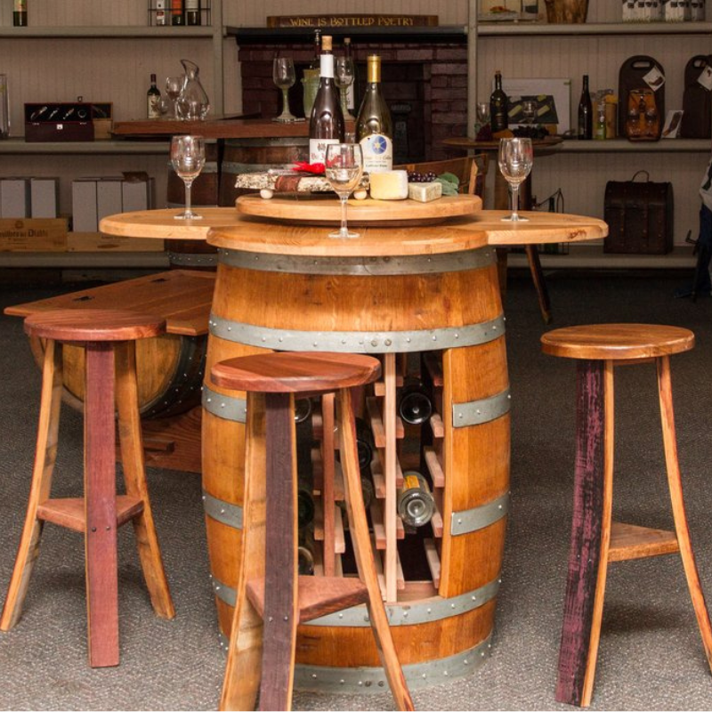 Napa East Barrel Table Set - Wine Rack Base - Made with Real Wine Barrel - 4 Stools & Table Set