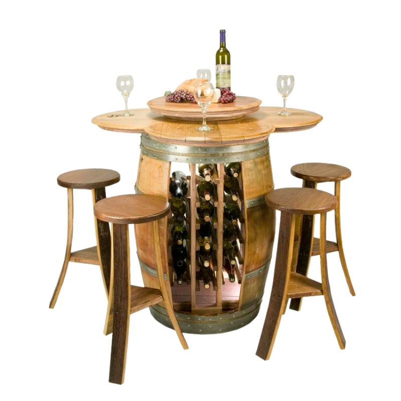 Napa East Barrel Table Set - Wine Rack Base - Made with Real Wine Barrel - 4 Stools & Table Set