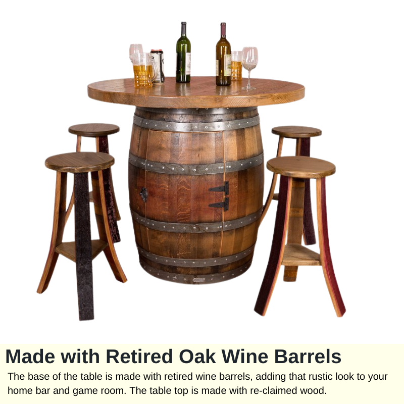 Napa East Wine Barrel Round Table Set - Cabinet Base - Made with Real Wine Barrel - 4 Stools and Table Set