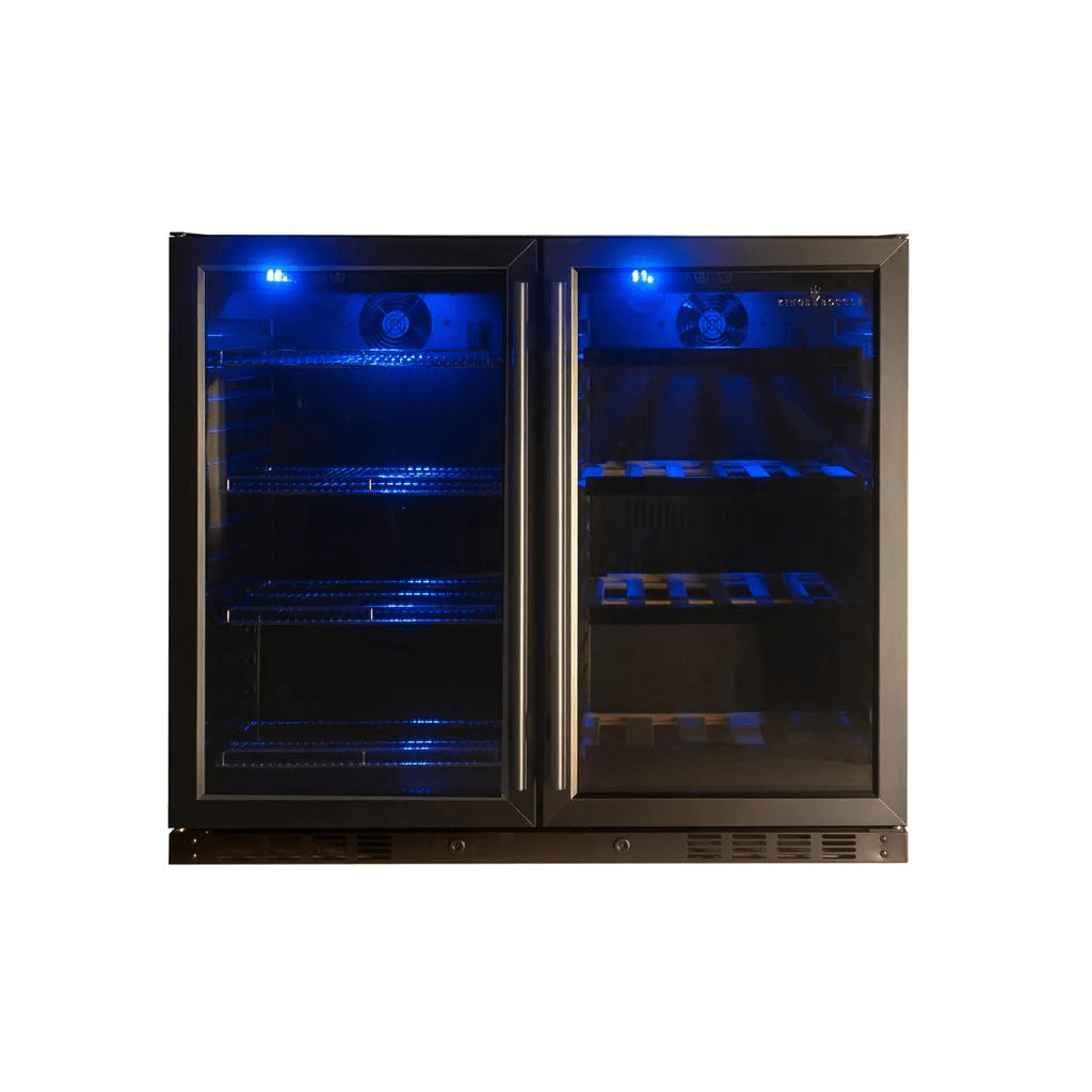 KingsBottle KIngsbottle 39 Inch Under-Counter Wine & Beer Fridge Combo (Black & Silver) KBU28LRX-BLK Glass Door with Black Trim